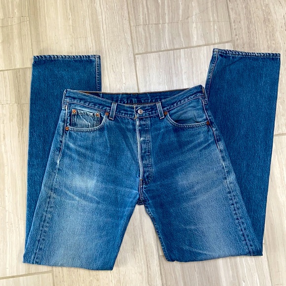 Vintage 90s Levi’s 501 Button Fly Denim Blue Jeans Distressed 1990s 90’s 1990’s - Picture 1 of 15